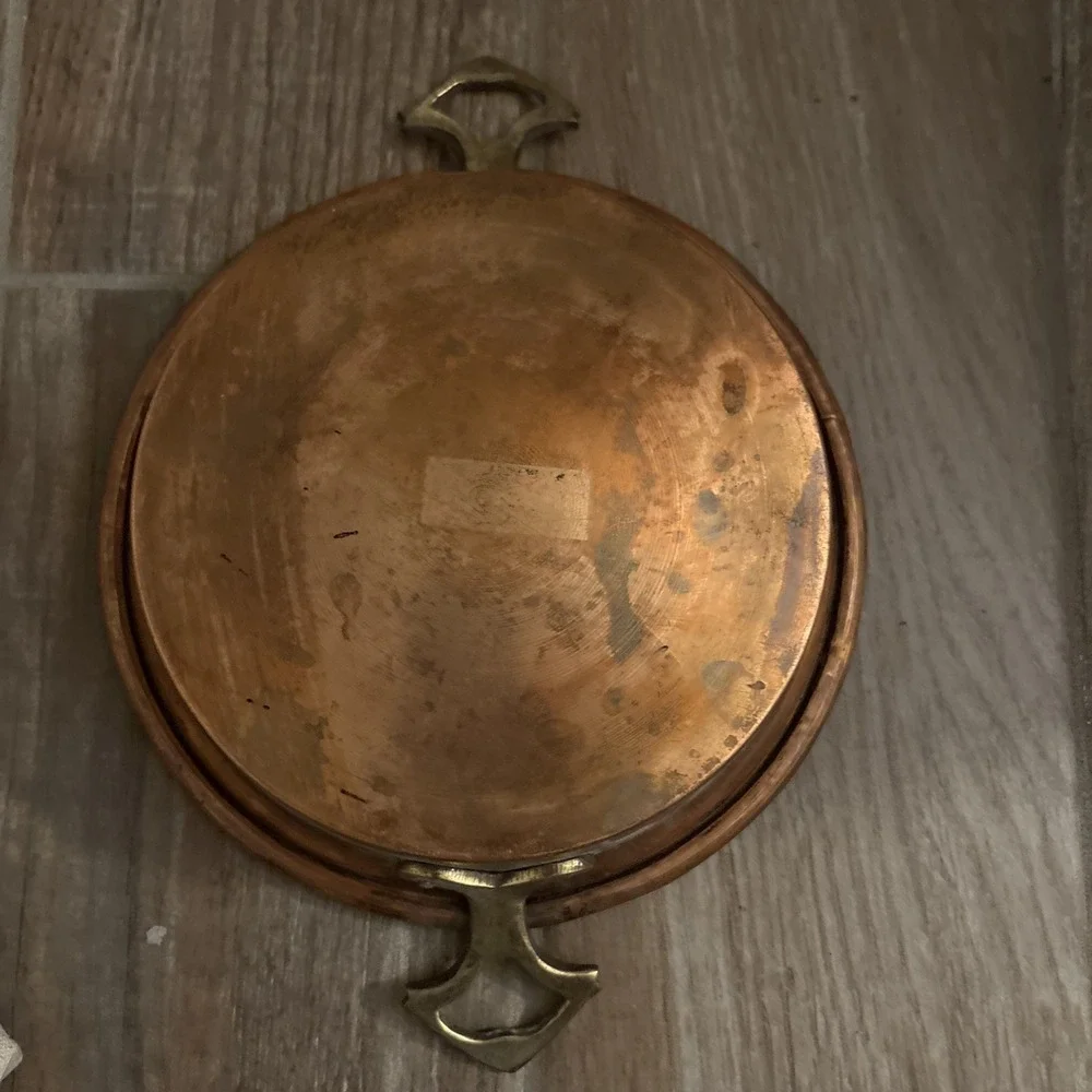 Antique Vtg Copper Saute Pan Pot with Brass‎ Handles 11